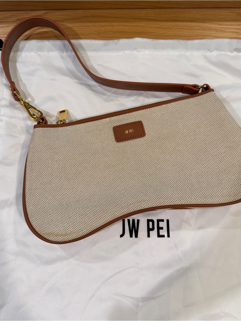 JW PEI Cream Canvas Shoulder Bag with Tan Trim